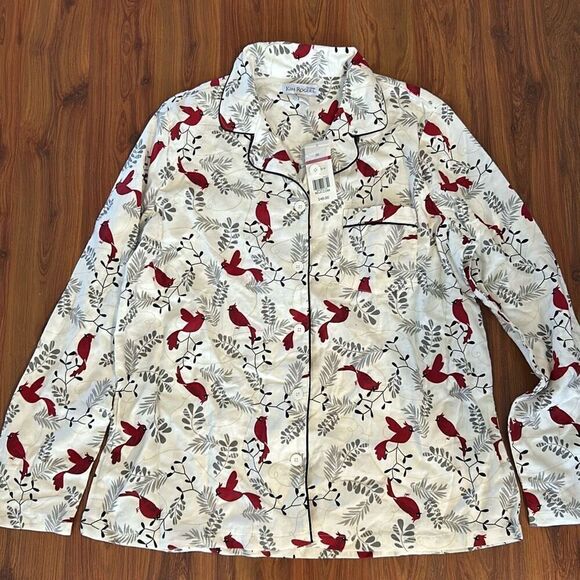 NWT Kim Rogers white  red cardinal robin ￼ long sleeve flannel pajama shirt - Picture 1 of 4